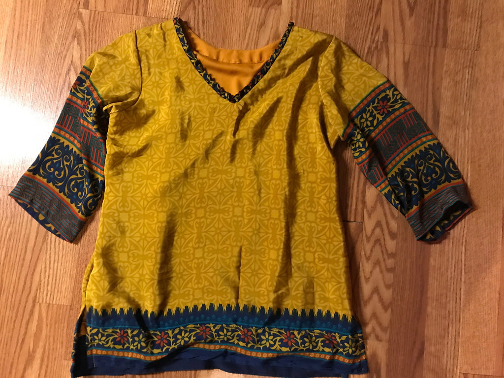 Crepe Silk Top - Mustard and Navy Blue