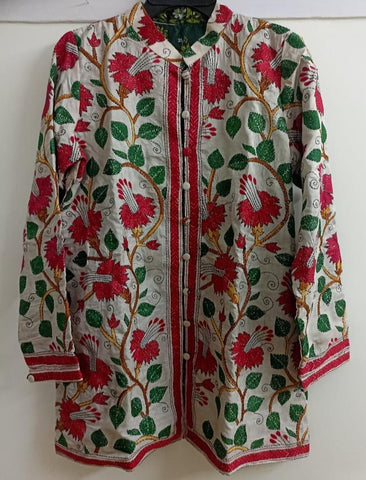 Spring 2024 Reversible Kantha Jackets - Flowers, Green Silk