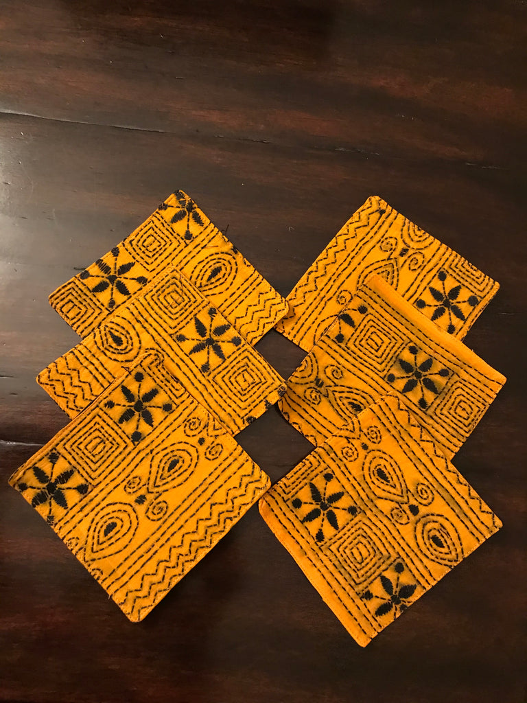 Mustard Hand Embroidered Kantha Coasters (Set of 6)